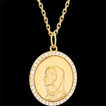 Medaglia di battesimo Madonna con incastonatura – Oro giallo 18 carati e diamanti sintetici