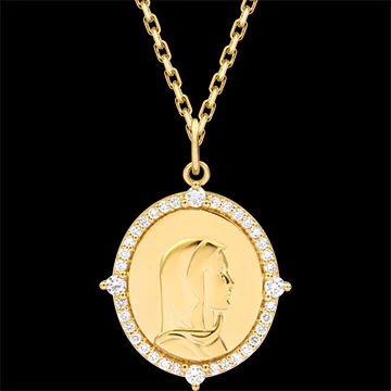 Médaille de baptême ovale Vierge Marie sertie – Or jaune 9 carats et diamants de synthèse
