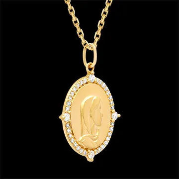 Médaille de baptême ovale Vierge Marie sertie – Or jaune 9 carats et diamants de synthèse
