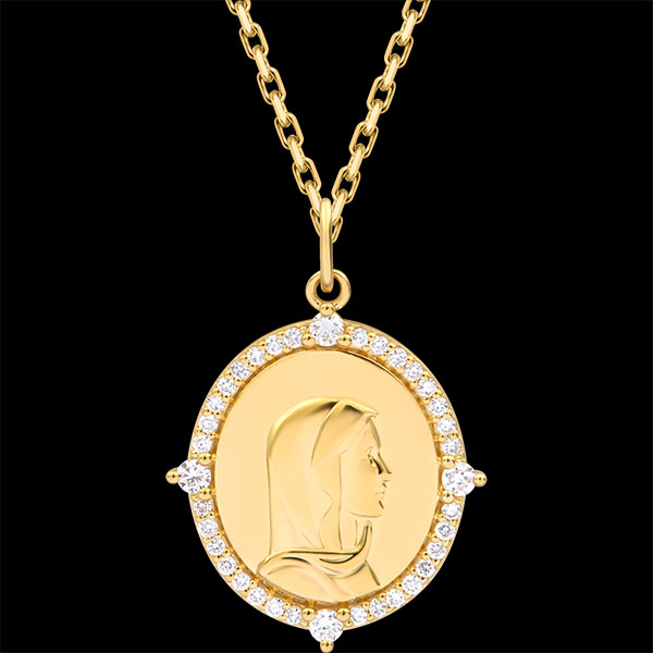 Médaille de baptême ovale Vierge Marie sertie – Or jaune 18 carats et diamants de synthèse