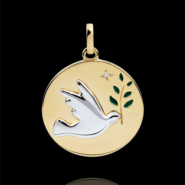 Médaille Colombe au rameau - Laque verte - 1 Diamant - or blanc et or jaune 18 carats
