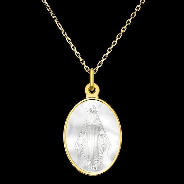 Miraculous Virgin Medal – 18ct Yellow Gold and Mother-of-Pearl