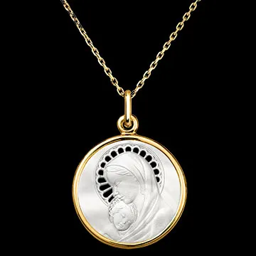Medaglia della Vergine Maria e Bambino – Oro Giallo 18 carati e Madreperla