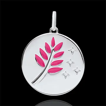 Médaille Rameau d'Olivier - Laque rose - 4 Diamants - or blanc 9 carats
