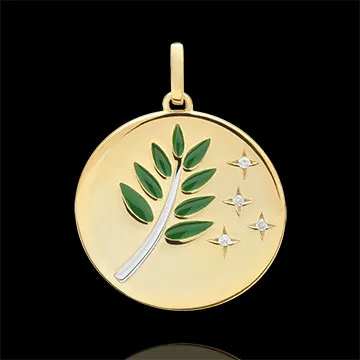 Médaille Rameau d'Olivier - Laque verte - 4 Diamants - or blanc et or jaune 9 carats