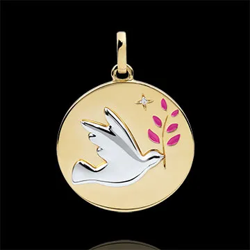 Médaille Colombe au rameau - Laque rose - 1 Diamant - or blanc et or jaune 9 carats