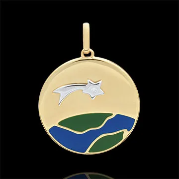 Médaille Une Etoile est née - Laque verte et bleue - 1 Diamant -18 carats