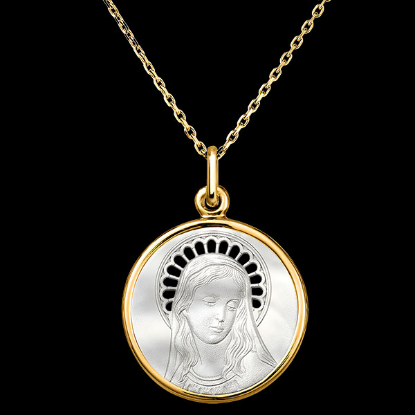 Openwork Saint Mary Medal – 18ct Yellow Gold and Mother of Pearl