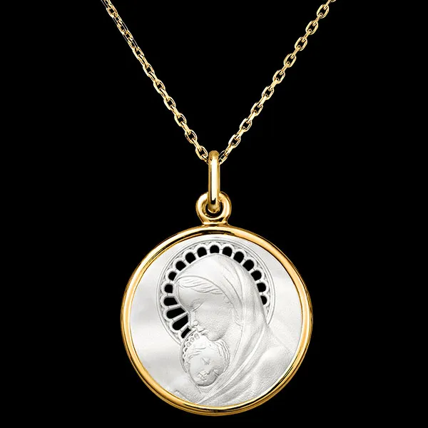 Medal of the Virgin Mary and Child – 18ct Yellow Gold and Mother-of-Pearl