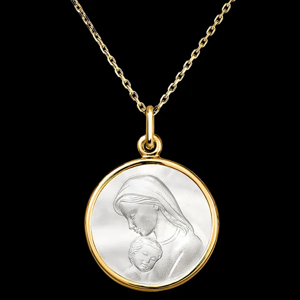 Medal Virgin Mary and Child – 18-Carat Yellow Gold and Mother of Pearl