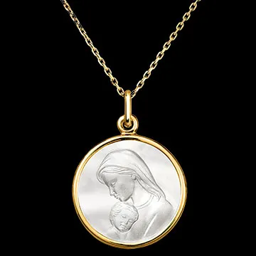 Medal Virgin Mary and Child – 18-Carat Yellow Gold and Mother of Pearl