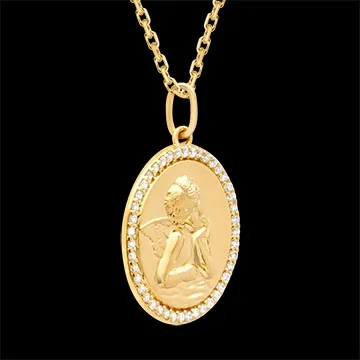 Illuminated Cherub Round Medal with Synthetic Diamonds – 9ct Yellow Gold