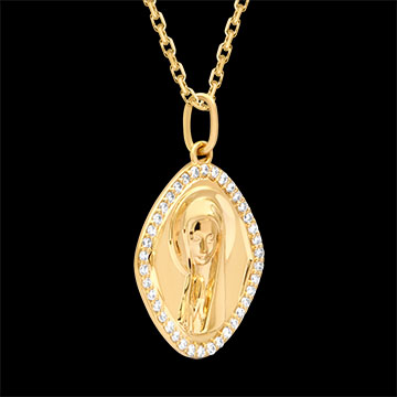Medaille met Maria en Synthetische Diamanten – 9 Karaat Geelgoud