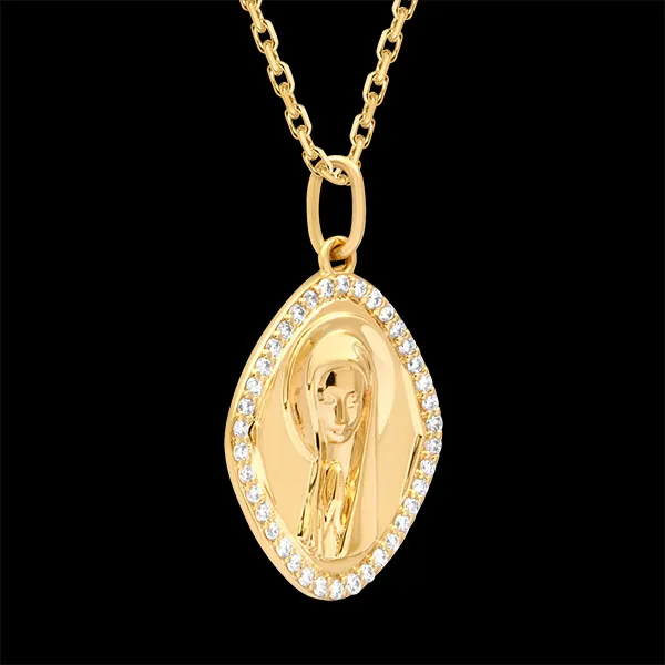 Medaille met Maria en Synthetische Diamanten – 9 Karaat Geelgoud