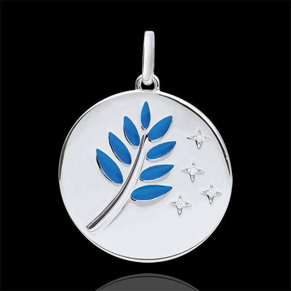 Medaille Olijftak - Blauwe Lak - 4 Diamanten - 9 karaat witgoud
