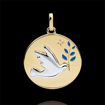 Medaille Duif en Olijftak - Blauwe Lak - 1 Diamant - 18 karaat witgoud en geelgoud
