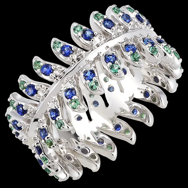 Anello Panache - Révérence - Oro bianco 18 carati con zaffiri e smeraldi sintetici