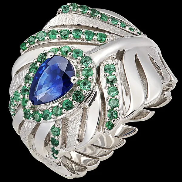 Anello Panache - Impériale - Oro bianco 18 carati con zaffiri e smeraldi sintetici