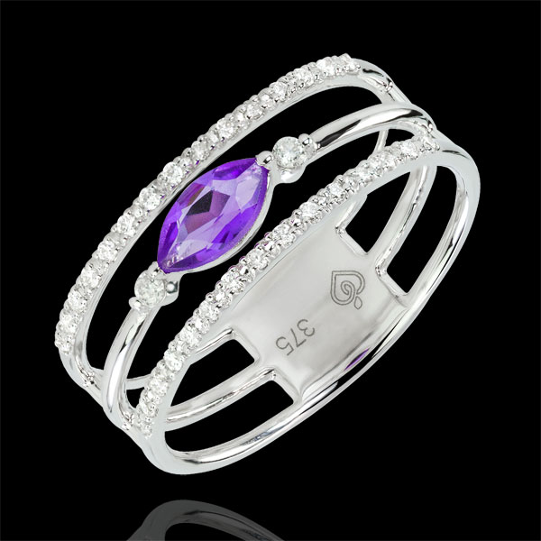 Ring Auge des Orients - Großes Modell - Amethyst und Diamanten - 9 Karat Weißgold