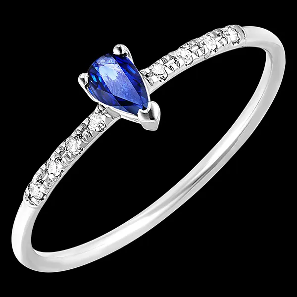 Ring Paradiesvogel - Birne - Weißgold, 18 Karat, mit einem Saphir und Diamanten