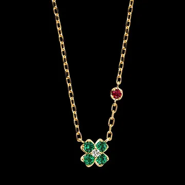 Chanceuse Ketting – 9 karaat geelgoud met synthetische robijn, smaragden en diamant