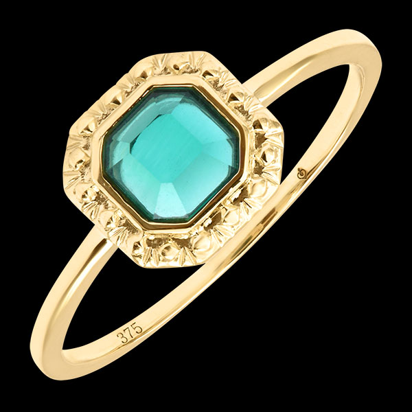Irène ring – 9 karaat geelgoud, synthetische smaragd