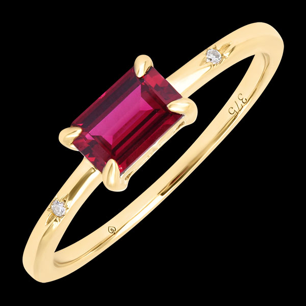 Flambois Ring – 9 karaat geelgoud, synthetische robijn en synthetische diamanten