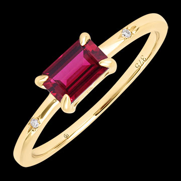 Flambois Ring – 9 karaat geelgoud, synthetische robijn en synthetische diamanten