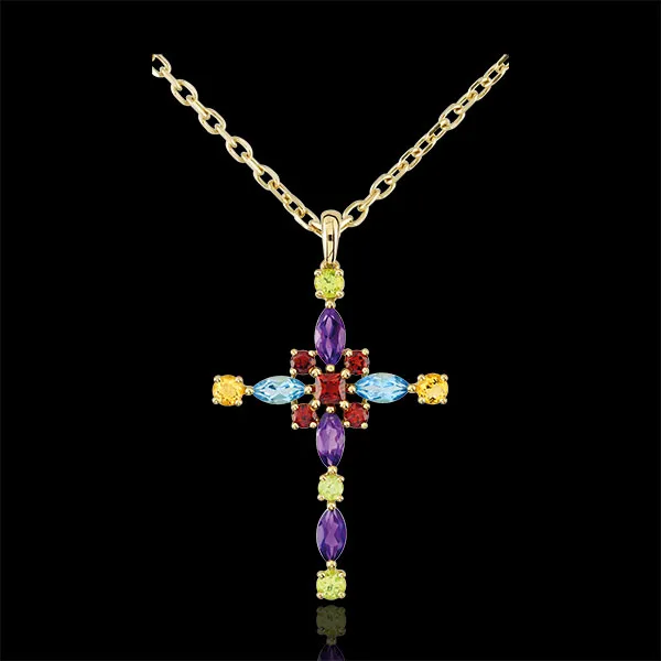 Hanger Byzantine Kruis multicolor - 9 karaat geelgoud