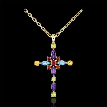 Hanger Byzantine Kruis multicolor - 9 karaat geelgoud
