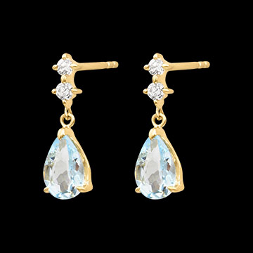 Cercei lungi Elvara – Aur galben de 9 carate, aquamarine și diamante sintetice