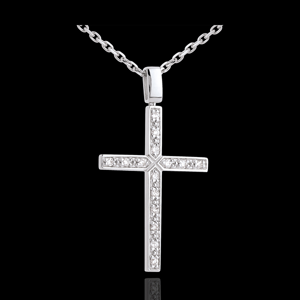 Pendentif croix or blanc 18 carats diamant pavée - 0.15 carat