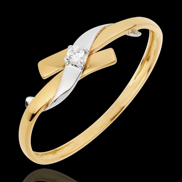 Pierścionek Drogocenne Gniazdo z jednym diamentem - Raj - złoto białe i złoto żółte 18-karatowe