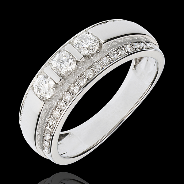 Pierścionek Feeria - Trzy diamenty środkowe na oprawie w połowie wysadzanej diamentami - 0,77 karata - 57 diamentów - złoto biał