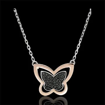 Colier Plimbare Imaginară - Fluture Lunar - aur alb şi aur roz de 18K şi diamante negre