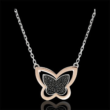 Colier Plimbare Imaginară - Fluture Lunar - aur alb şi aur roz de 18K şi diamante negre