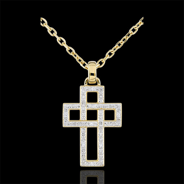 Geometryczna zawieszka Krzyżyk z diamentami - złoto żółte 9-karatowe
