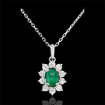 Naszyjnik Ponadczasowa Szarotka - Margerytka Iluzja - szmaragd i diamenty - złoto białe 9-karatowe