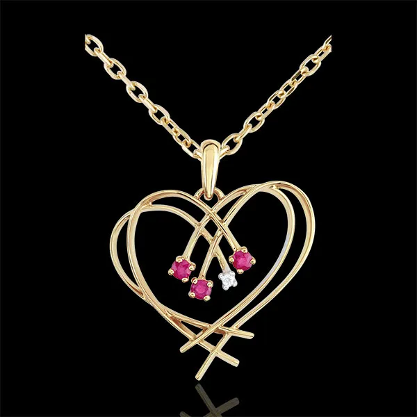 Pendentif Coeur étincelles - diamant et rubis - or jaune 9 carats