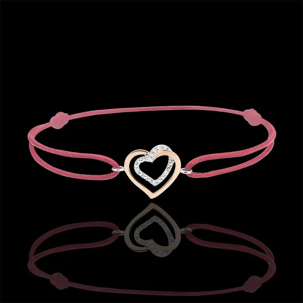 Bi-colour Rose and White Gold Diamond Entwined Heart Bracelet with a red cord