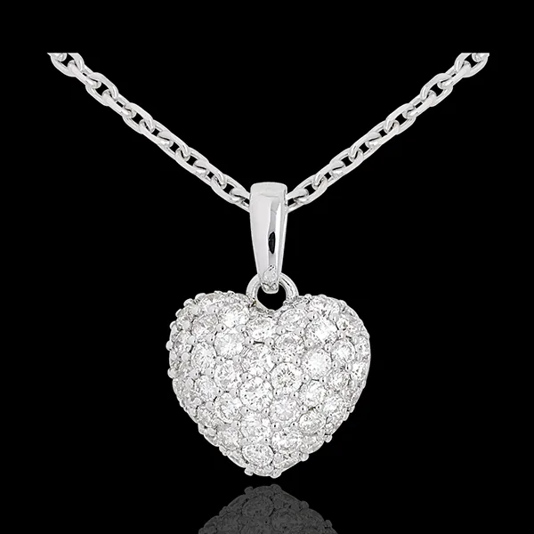 Colgante corazón empedrado oro blanco y campanita - 0.67 quilates - 50 diamantes