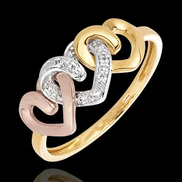Anillo Tres Corazones - tres oros - oro amarillo, blanco, rosa y diamantes