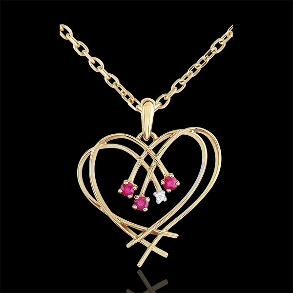 Ciondolo Cuore - Oro giallo - 9 carati - Diamante - 3 Rubini