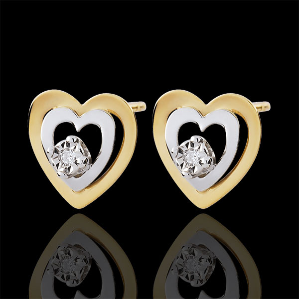 Orecchini Illusione di cuori - Oro bianco e Oro giallo - 9 carati - 2 Diamanti