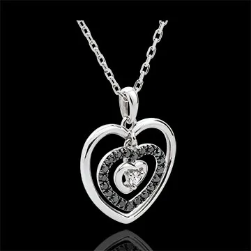 Collana Cuore Impronta - Oro bianco - 9 carati - Diamanti neri - Diamante bianco