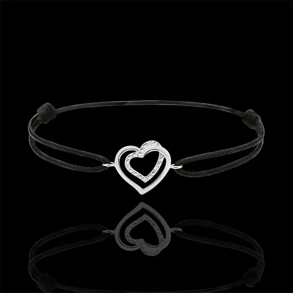 Braccialetto Cuori Abbracciati - Oro Bianco - 9 carati - Diamanti - Cordoncino nero