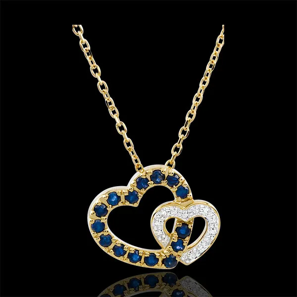 Collier Duetto di Cuori - Oro bianco e Oro giallo - 9 carati - 15 Zaffiri - 3 Diamanti - 0.35 carati