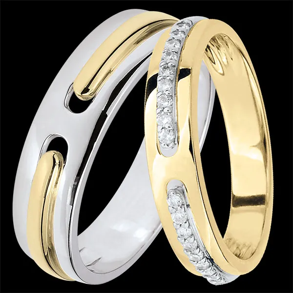 Promesse Duo Wedding Bands – Yellow and White Gold & Diamonds – 18 Carat