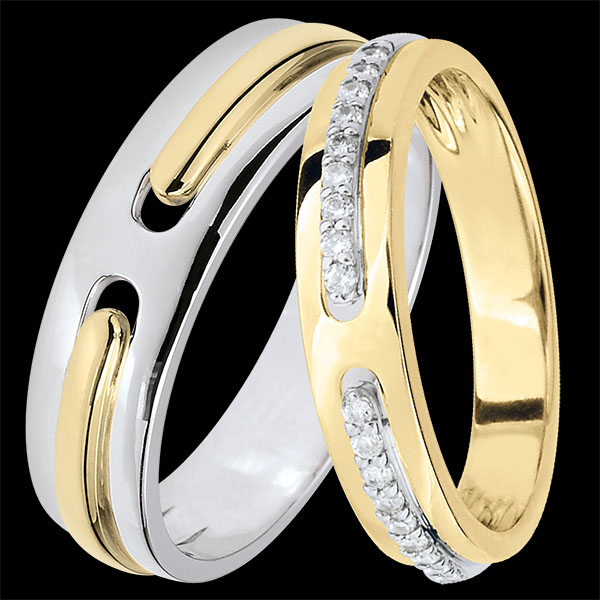 Promesse Duo Wedding Bands – Yellow and White Gold & Diamonds – 9 Carat