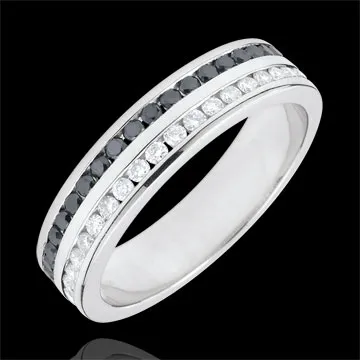Verighetă aur alb de 9K diamante albe şi negre semi pavată - setare bară 2 şiruri - 0.38 carat - 42 diamante